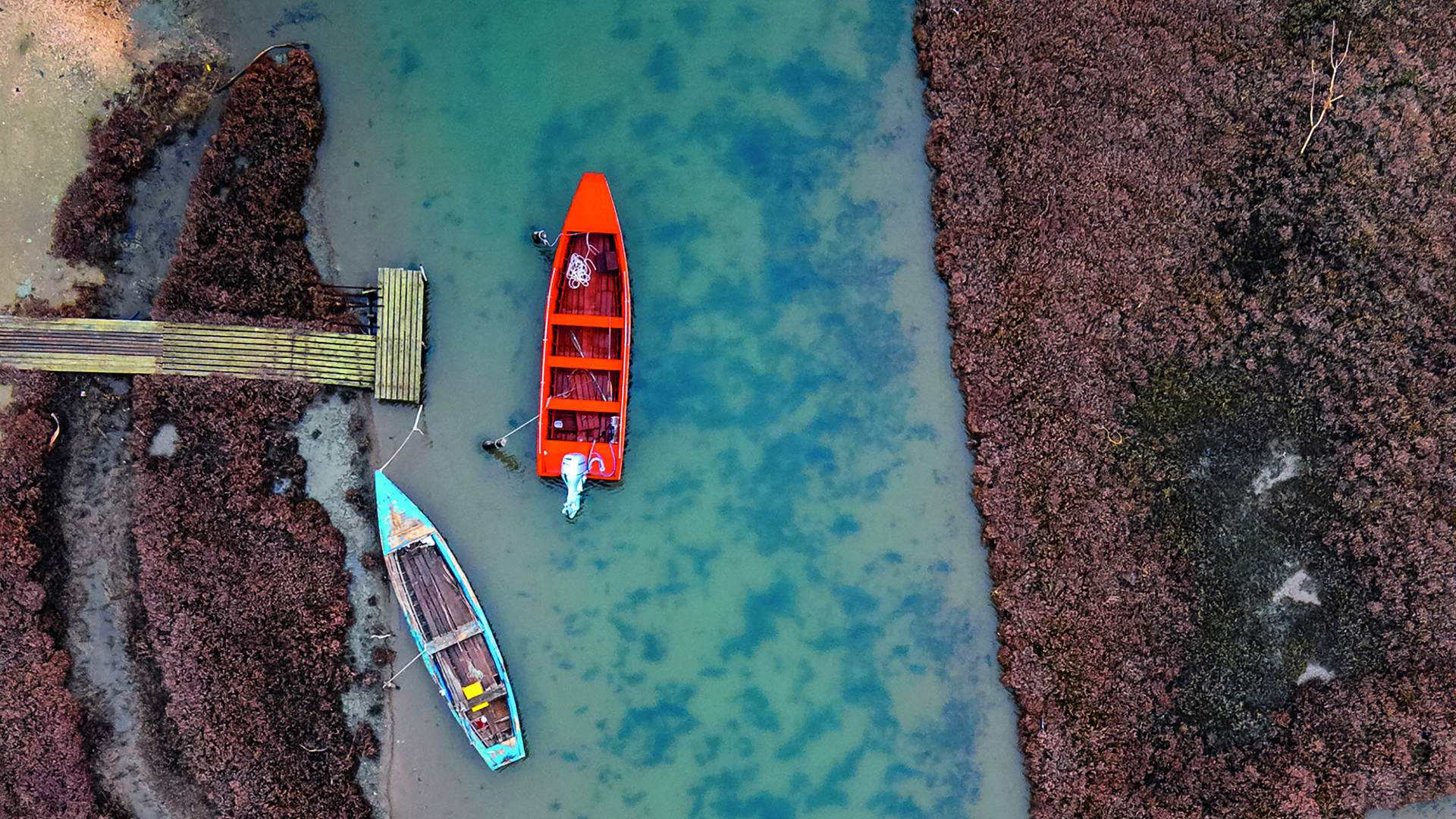 Ψαράδικες πλάβες, δεμένες σε προβλήτα, σε ένα από τα αμέτρητα κανάλια του Δέλτα Έβρου.